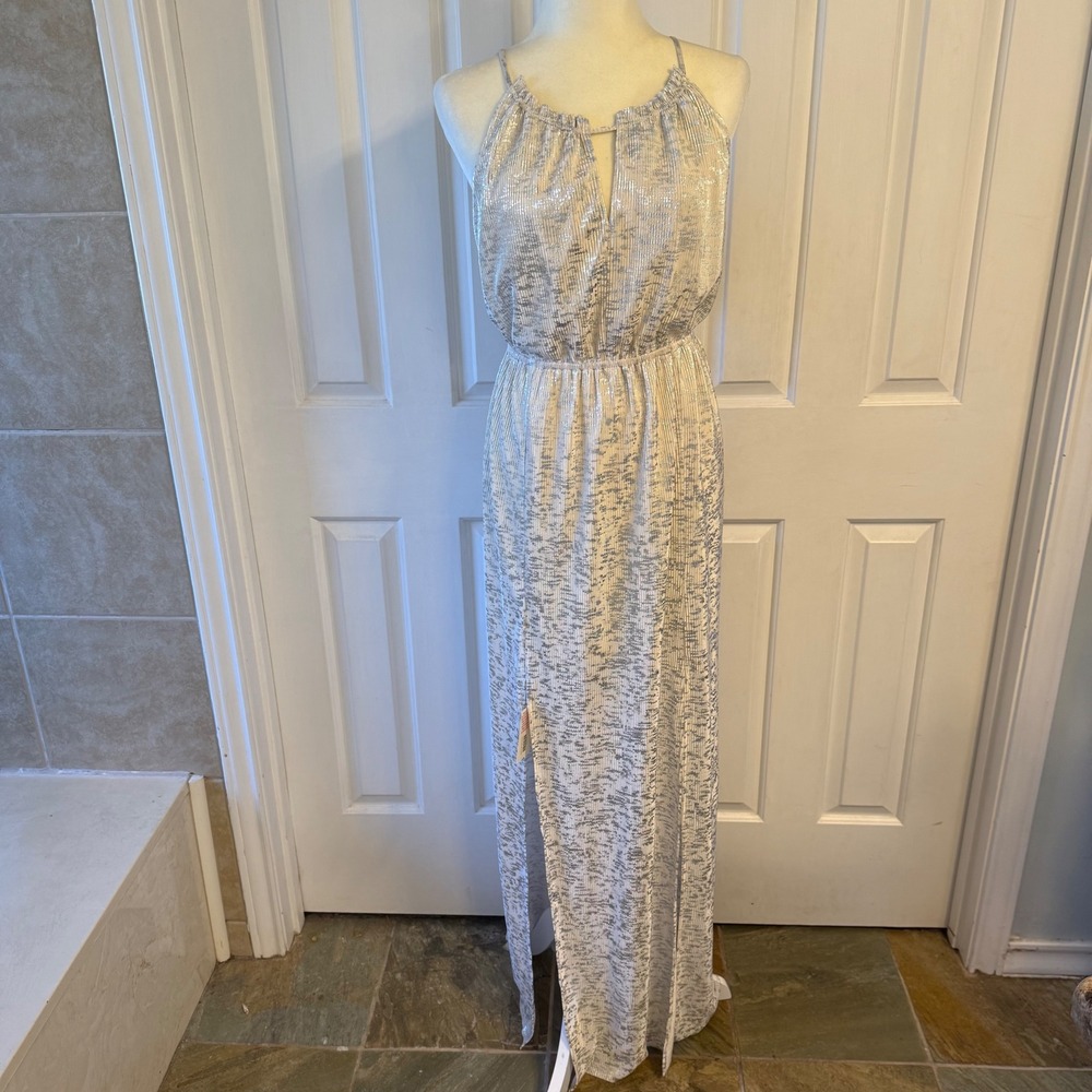 BCBG Womens Maxi Halter Dress Medium Formal Metallic Silver‎ White Prom NWT